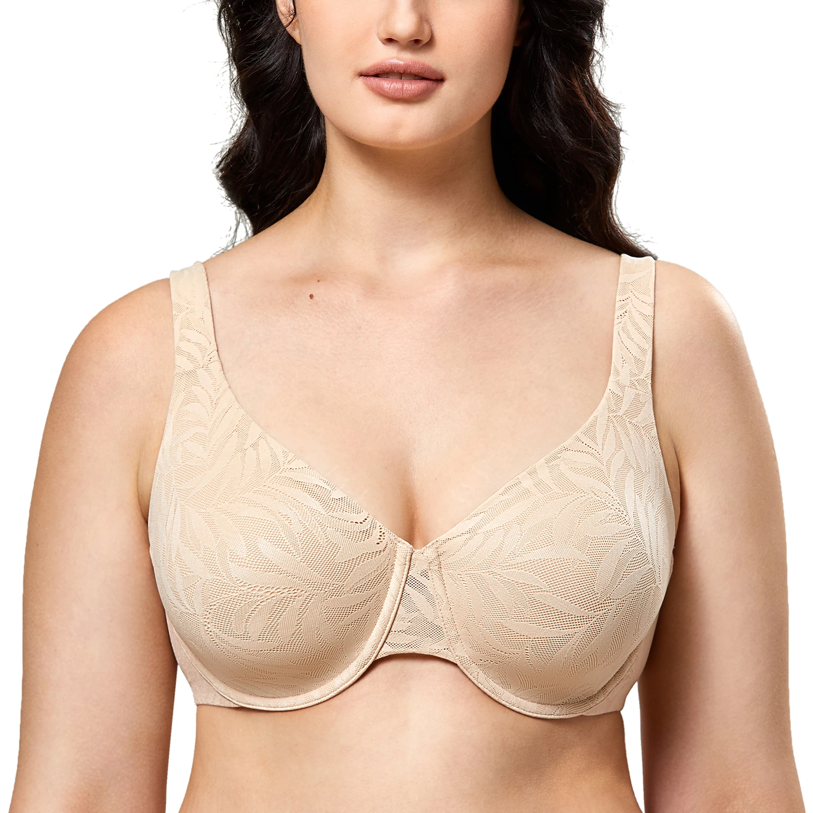 Women\'s Lace Plus Size Bra Leaf Pattern Full Coverage Underwire Unlined Comfortable Minimizer Bras