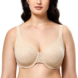 Women's Lace Plus Size Bra Leaf Pattern Full Coverage Underwire Unlined Comfortable Minimizer Bras