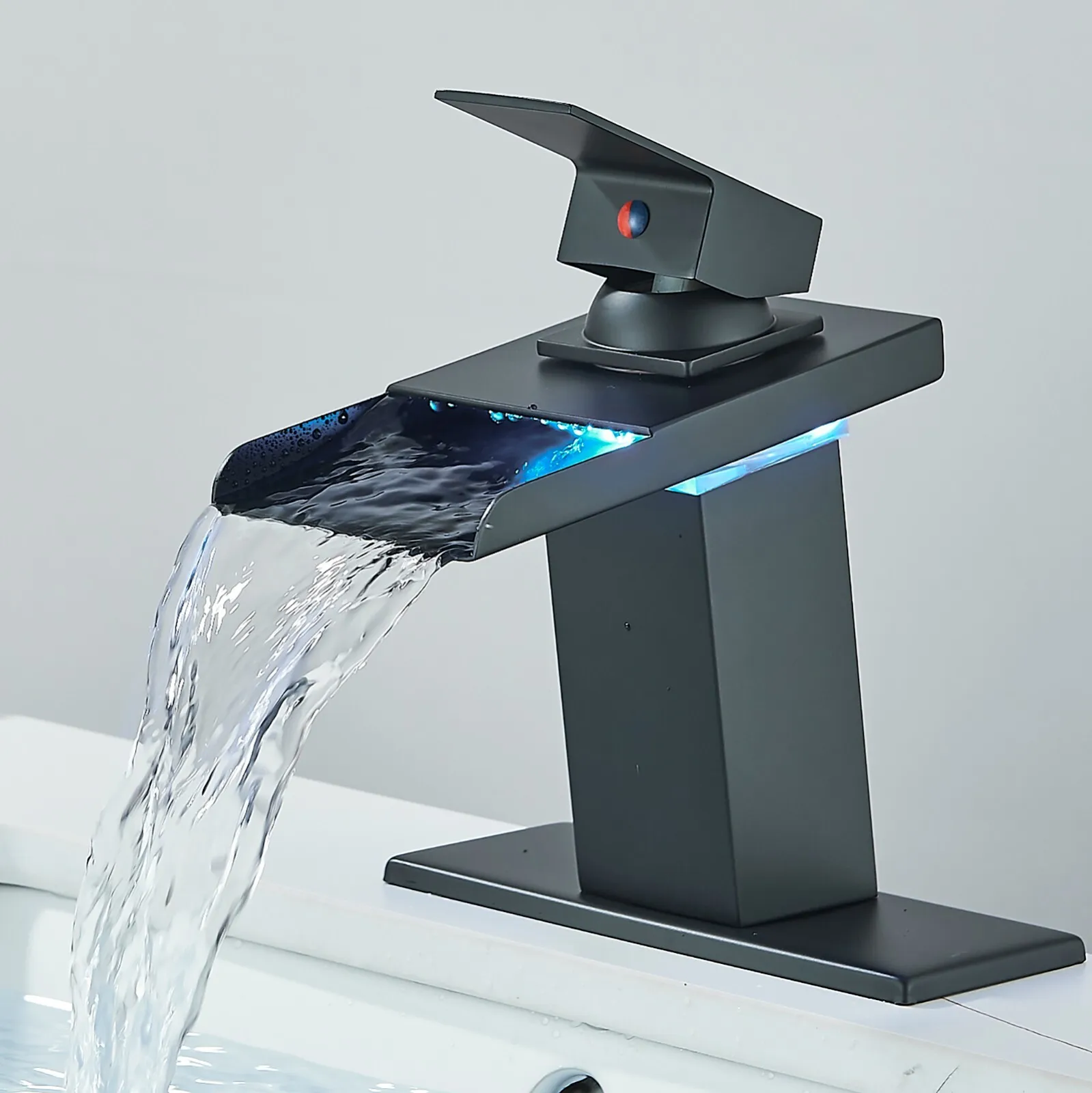 

LED Matte Black Mixer Vanity Waterfall Bathroom Sink Faucet with Cover