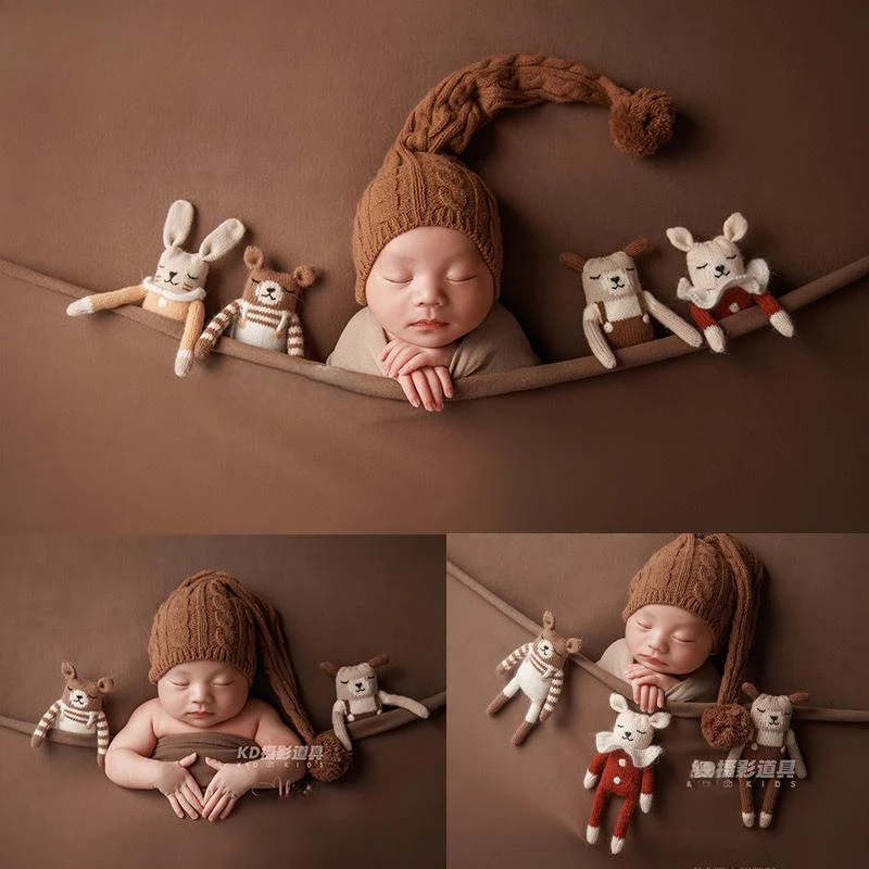 Newborn Photography Accessories Soft Knitted Hairball Hat and Flowers Hairband Big Ears Mini Dolls Studio Baby Photoshoot Props