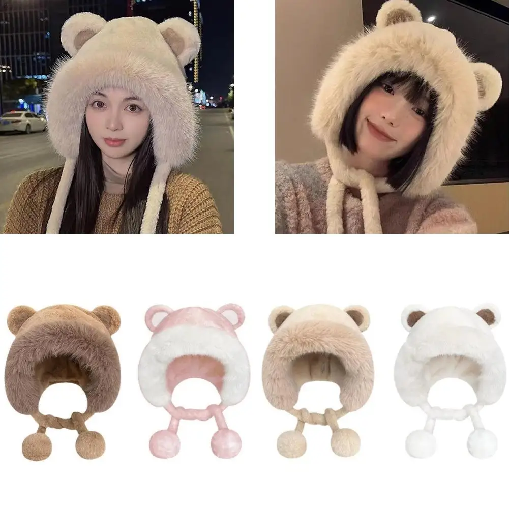 Cute Plush Bear Hat Wool Warm Winter Bucket Hat Fluffy Soft Ear Protection Hat Imitation Mink Plush Hat Scarf with Bear Ears