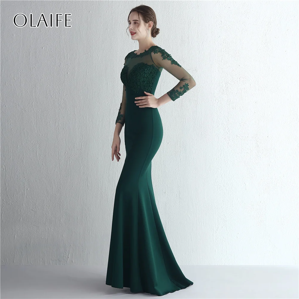 Appliques gaine manches longues Satin robes de soirée longueur de plancher personnalisé vestidos de fiesta élégantes
