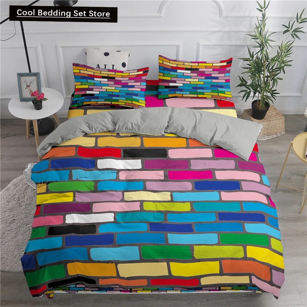 Building Block King Queen Duvet Cover Colorful Brick Bedding Set for Kids Teens Adults Cartoon 2/3pcs Polyester Comforter Cover