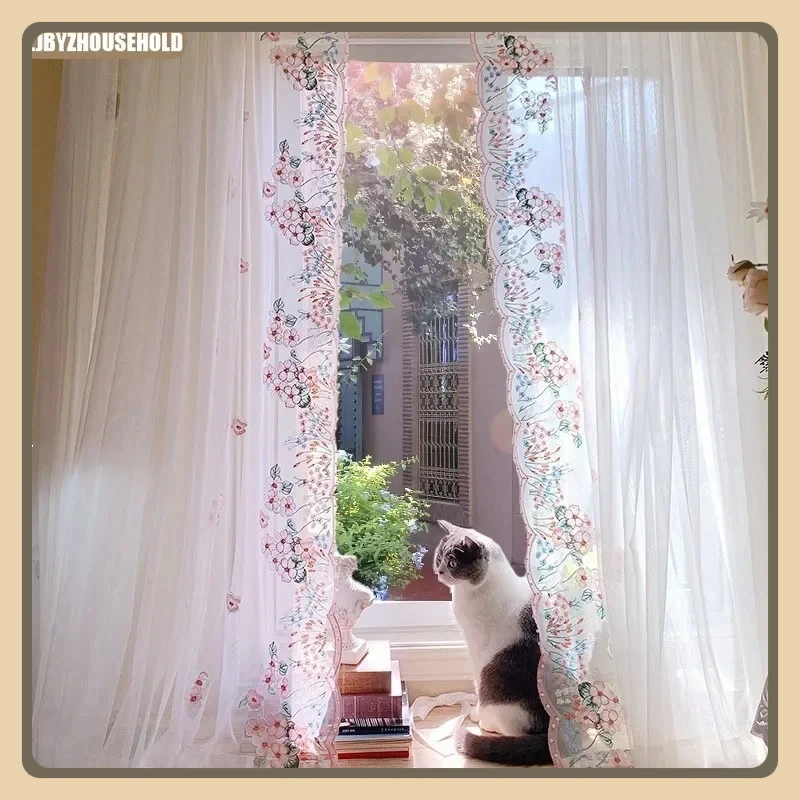 

Custom Size！！ Lace Beading Embroidery Yarn Through The Door Curtain Living Room Balcony Floating Window Long Pleated Curtains