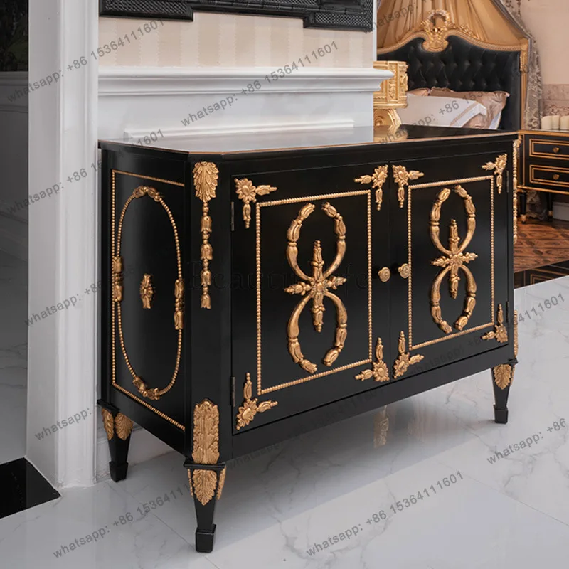 

French court style solid wood carving flower sticker gold foil foyer decorative cabinet living room entrance cabinet