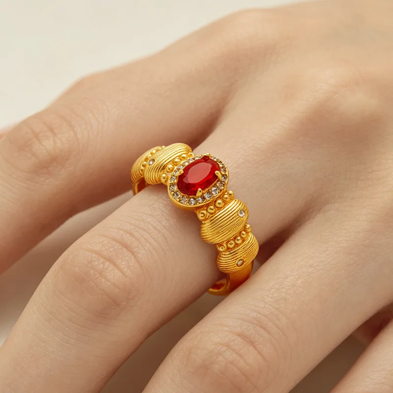 Luxury 24K 9999 Pure Gold real gold Point Drill Wire-drawing Ring Women Red Moissanite Ring