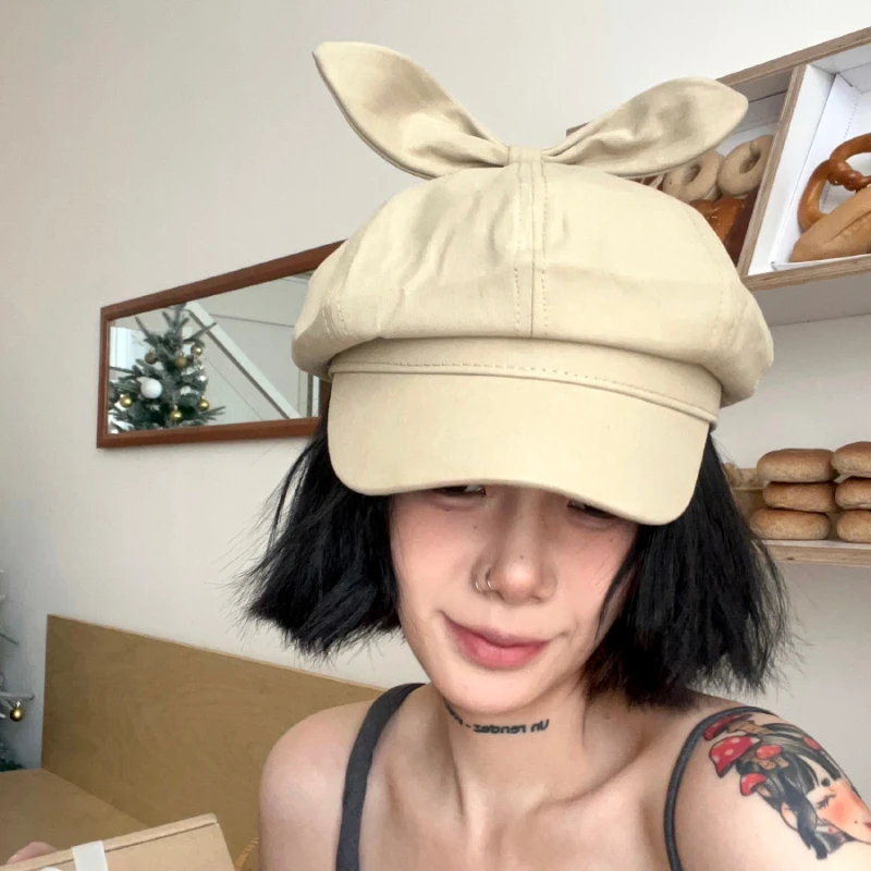 Cute Bow Ears Berets for Women Spring Summer Travel Sunscreen Korean Version Y2k Sweet Cool Girl Retro Octagonal Painter Hats