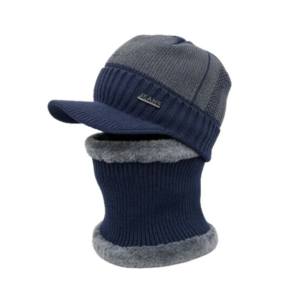 2Pcs/Set Fashion Warm Knitted Beanie Hat Fur Lined Windproof Scarf Caps Thickened Soft Neck Protect Cap Outdoor