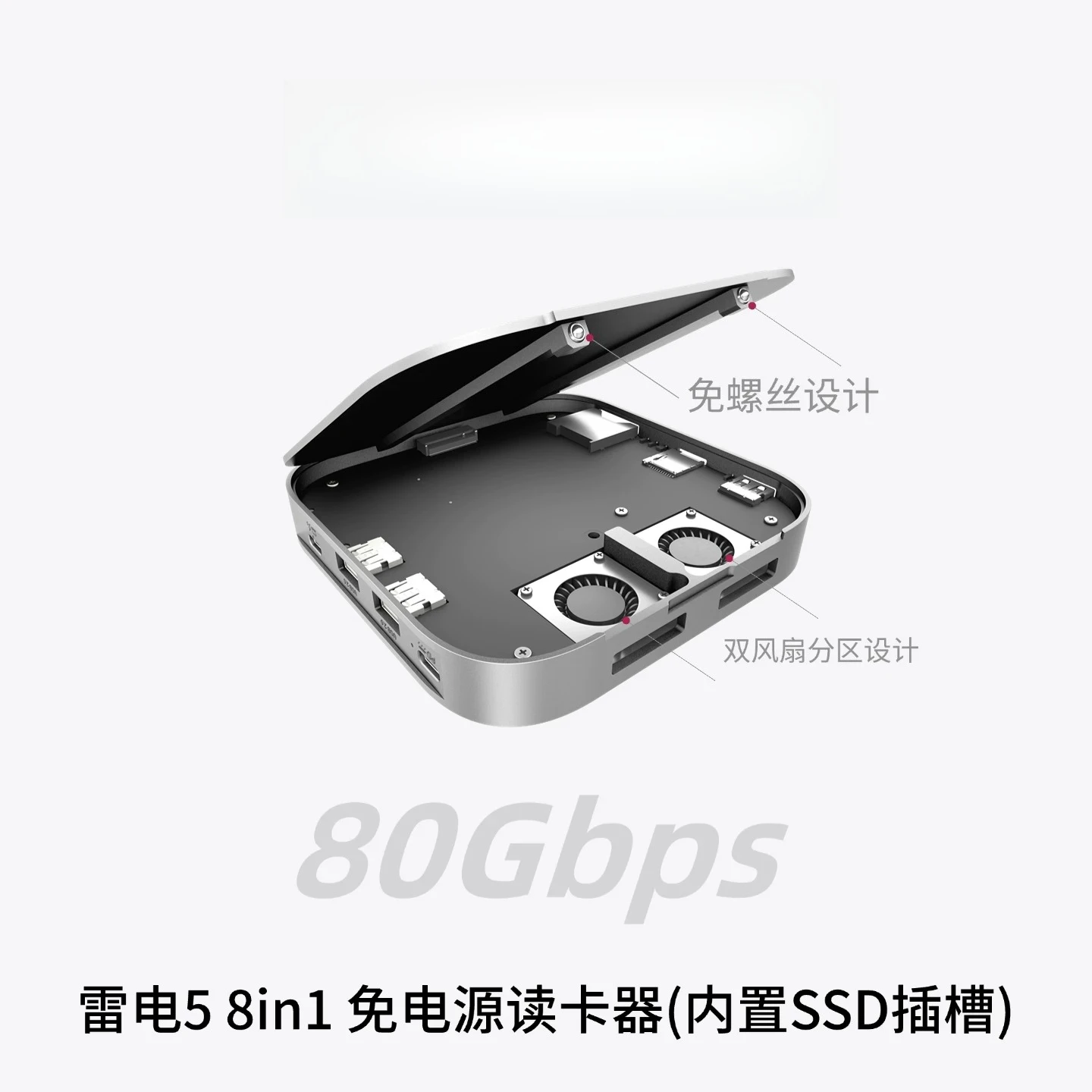 Thunderbolt 5 Power-Free CF-A/B/TF/SD 8-in-1 card reader, hard drive enclosure, and docking station mini base