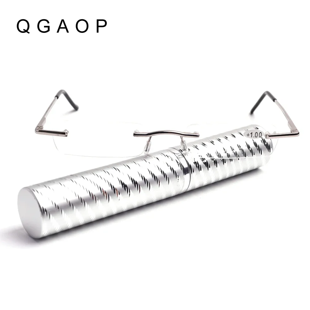 

QGAOP Pencil Case Reader Reading Glasses Magnifier Men for Farsightedness Women with Tube Rimless Metal Clear +1 1.5 2 2.5 3 3.5