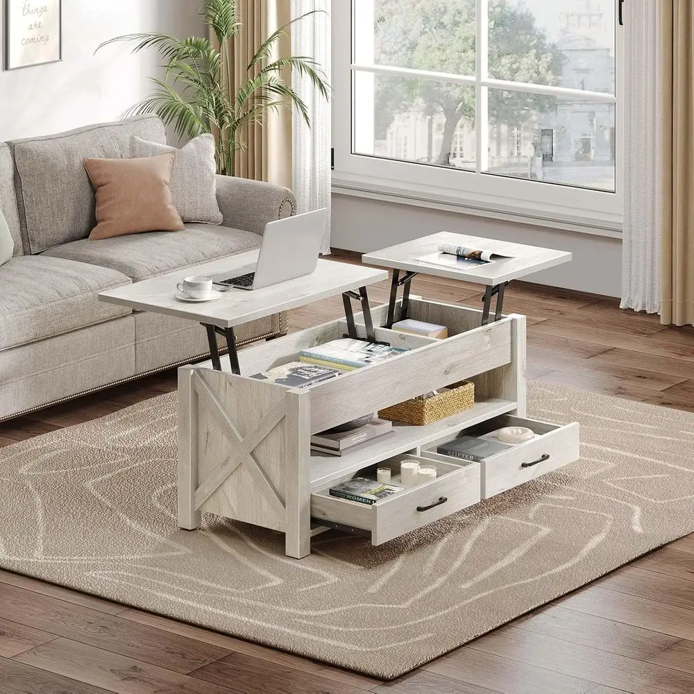 Gray Retro Lift-Top Coffee Table with Storage Drawers and Hidden Compartment for Living Room