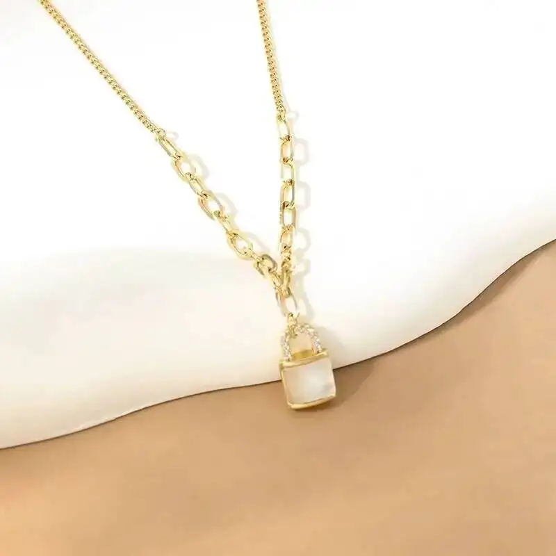925 Sterling Silver Zircon White Pearl Lock Shaped Pendant Necklace For Women Trendy Paperclip Chain Chokers Necklaces New Gift
