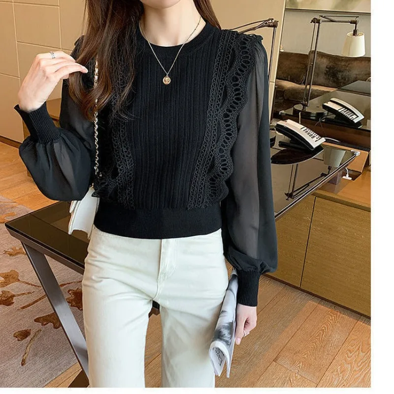 Women\'s Autumn Winter Fashion Elegant Solid Round Neck Pullover Gauze Splice Casual Versatile Bubble Sleeve Loose Chiffon Tops