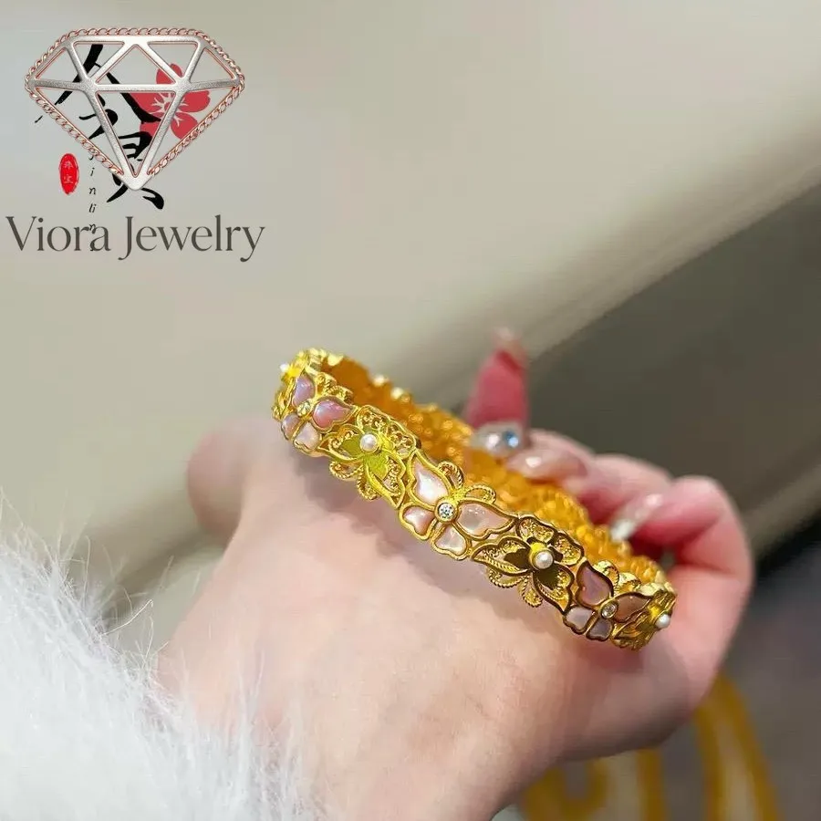 

Viora Jewelry Women's 24K Gold AU999 Pink Floral Butterfly Bracelet | Ancient-chiseled butterfly on pink crystal flowers, romant
