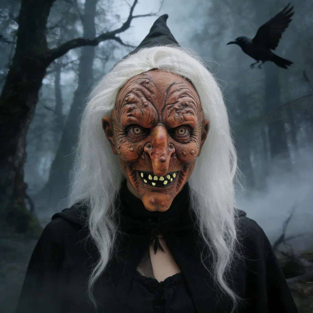 

Маска ведьмы с белыми волосами для взрослых на Хэллоуин, страшная латексная маска, реалистичный аксессуар для костюма, реквизит для косплея, вечеринки, дома с привидениями