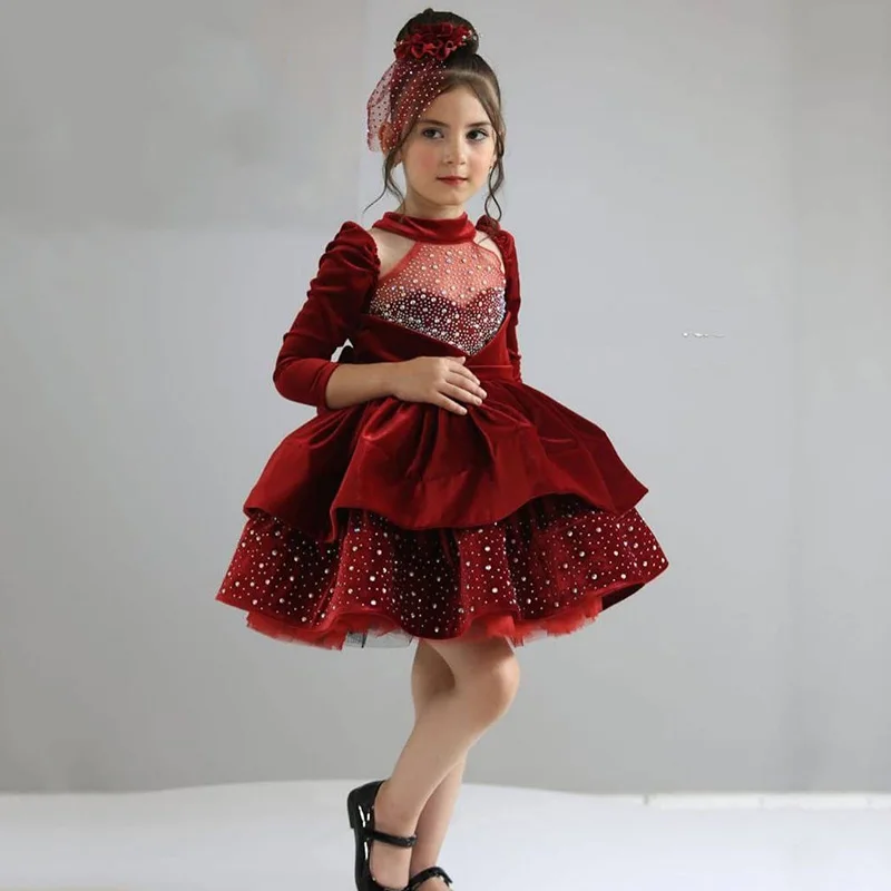 Sukienki dla dziewczynek Eightree 2025, tiulowe, z koralikami, aksamitne, z długim rękawem, na wesele, urodziny, komunię, szyte na miarę.