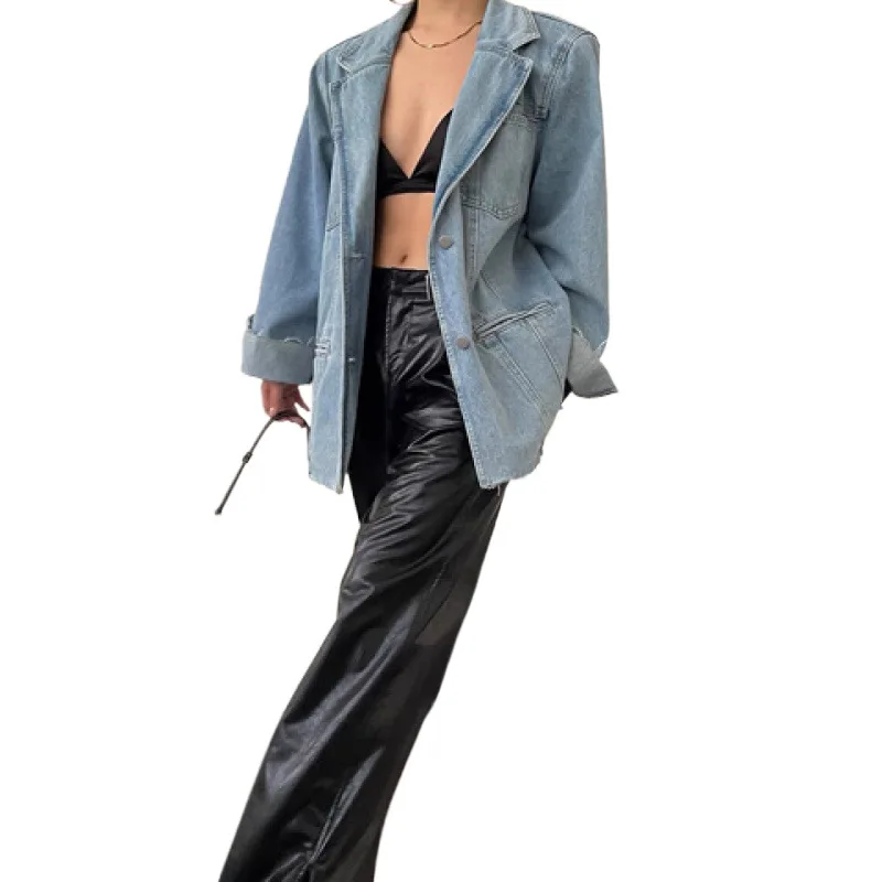 Giacca di jeans con spalline SuperAen per donna Tasca retrò americana di media lunghezza Primavera e autunno Cappotti di moda con intaglio di nuovo design