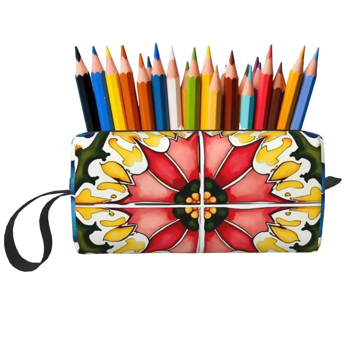Mediterranean Colorful Vibrant Mosaic Tiles Art Pencil Case Pen Box Pencil Bag Stationery Supplies Travel Women Organizer Pouch
