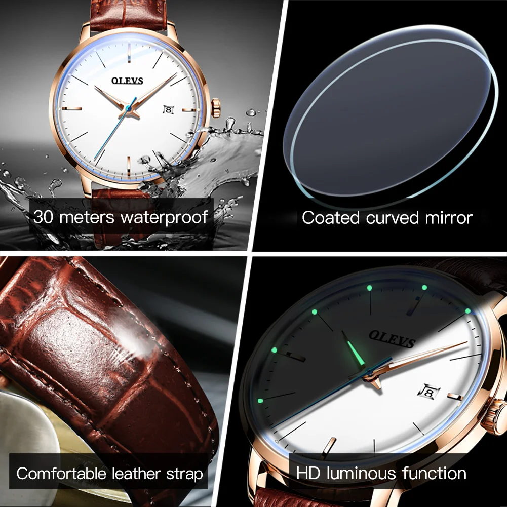 OLEVS Luxury Automatic Mechanical Watch for Men Waterproof Simple Leather Strap Wristwatch Top Brand Luminous Clock