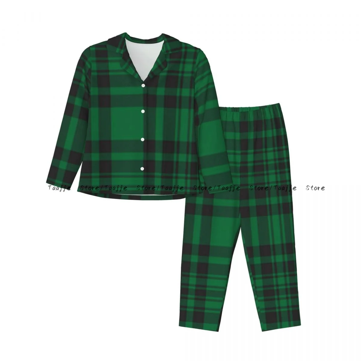 Green Glen Plaid Textured Womens Pajamas Loungewear Two-piece Sleepwear Button-Down Full Sleeve Long Pajamas Set