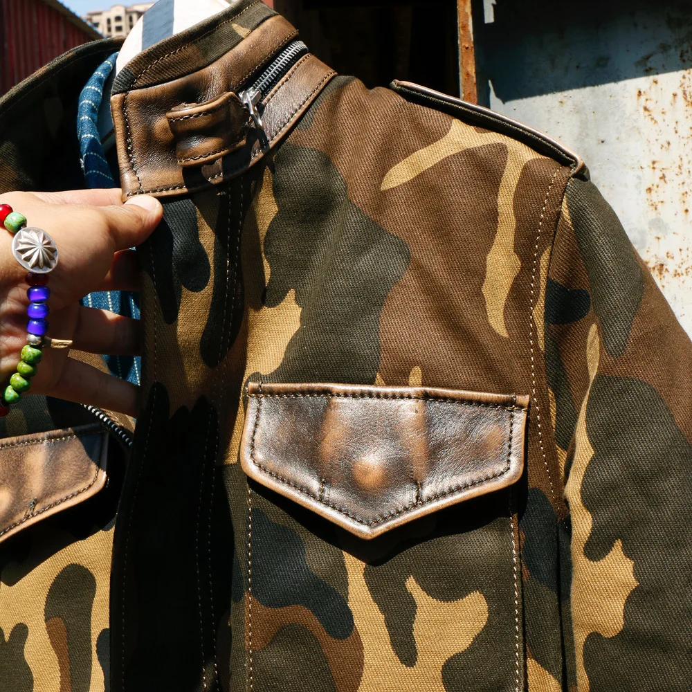 Brando European Size Tailor Heavyweight Japanese Hyogo Cowhide & 22OZ Camouflage Soft Wax Canvas Military M65 Waterproof Jacket