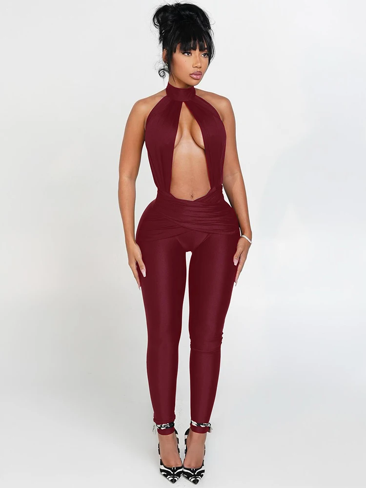 

Nibber Turtleneck Jumpsuits Woman Halter Sexy Hollow Cleavage Backless Sleeveless Skinny Stretch Midnight Club Party Overalls