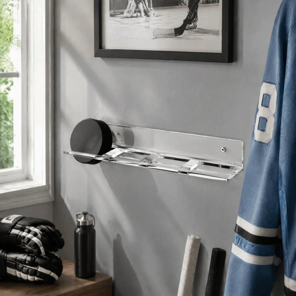 5pcs Clear Acrylic Hockey Puck Display Wall Rack Transparent Design Wall Mountable Ice Hockey Puck Display Shelf Space Saving
