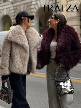 TRAFZA Kadın 2024 Moda Sonbahar Kış Degrade Kürk Ceket Kadın Rahat Büyük Boy Turn Down Yaka Mont Sokak Şık Ceketler