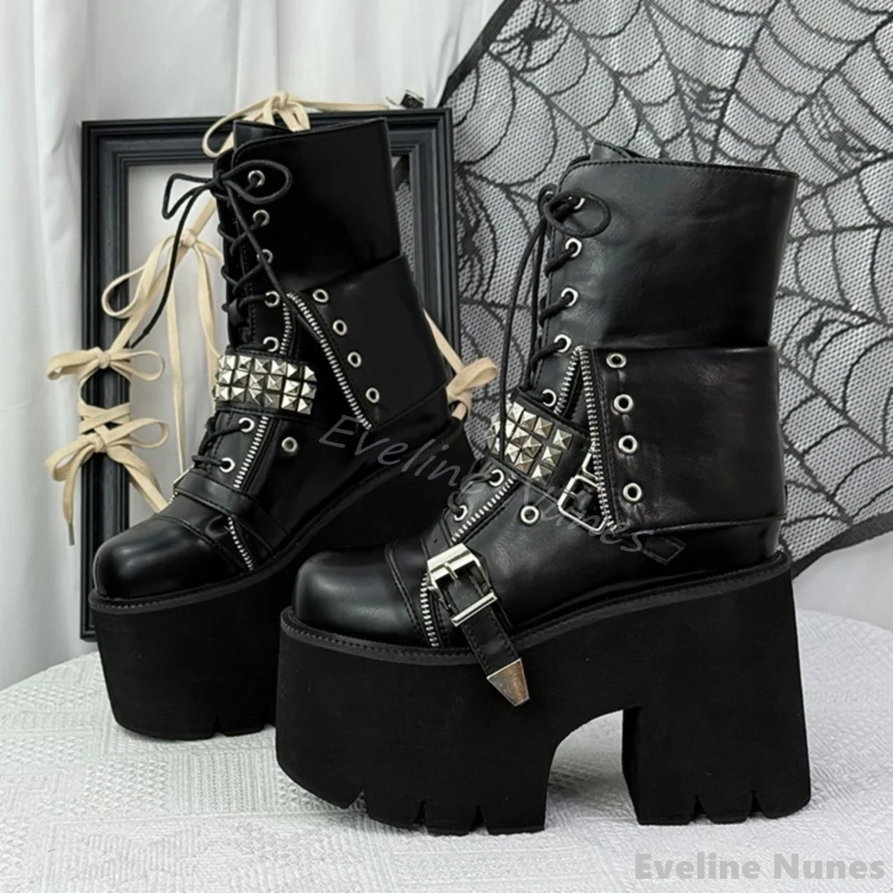 Cyberpunk Mid-calf Boots Women Platform Chunky Heel Lattice Folding Belt Buckle Punk Boots 2025 New Black Goth Subculture Boots