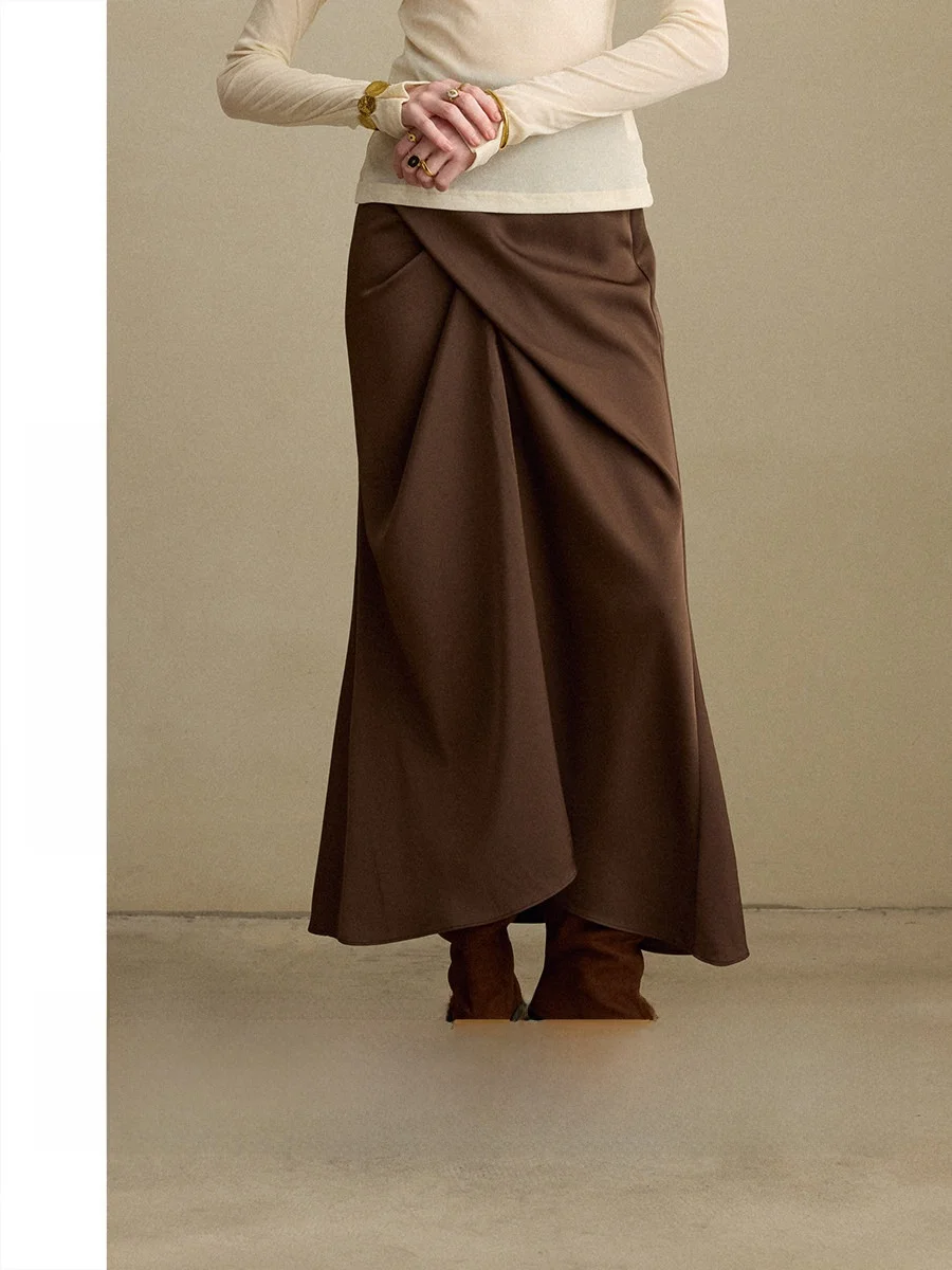 

High Waist Straight Cut Pure Color Brown Asymmetrical Long Skirt Women's Autumn Season Faion Ci Commute A-Line Skirt