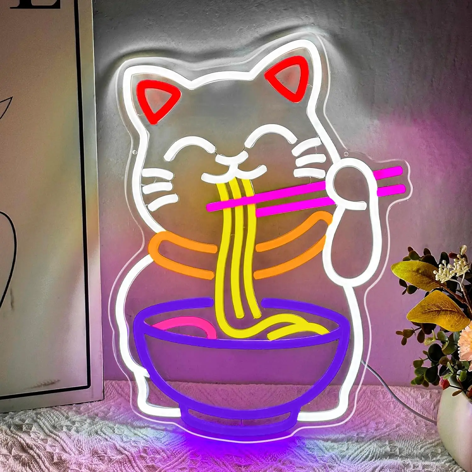 

Fortune Cat Ramen LED Neon Sign USB Dimmable Japanese Noodles Neon Light for Resturant Home Bar Kitchen Dinning Room Decor Gift
