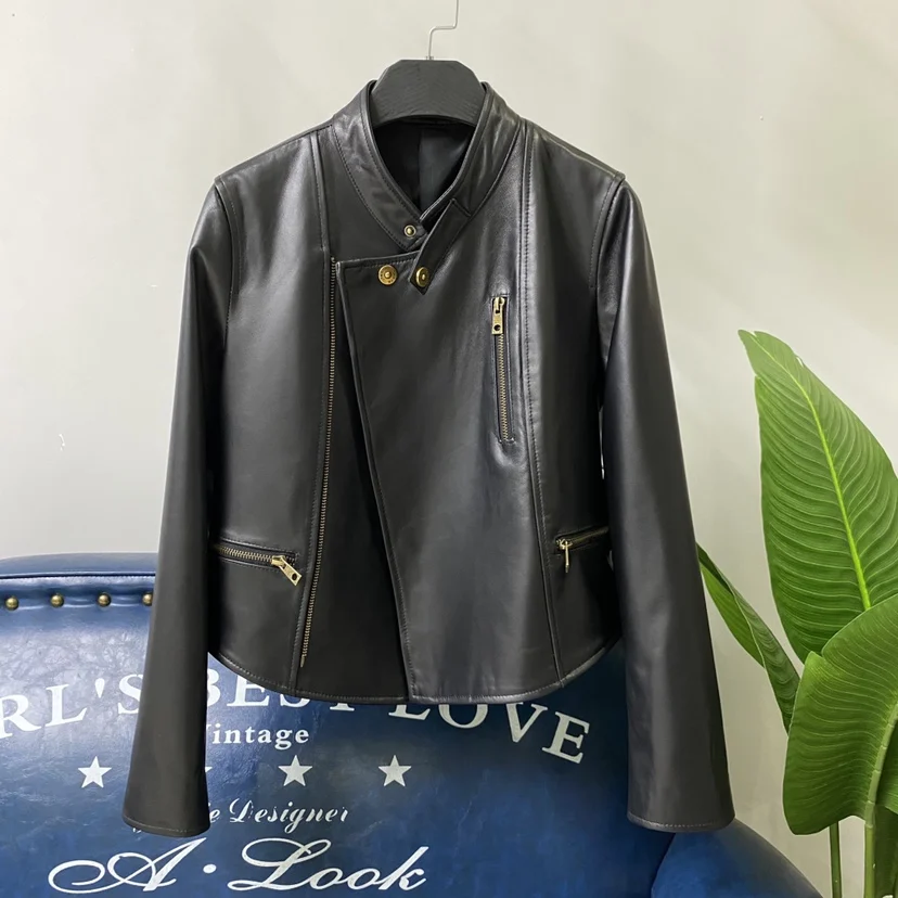 

Slim Fit ort Leather Jaet Women's Biker Sle Stand Collar eepskin Coat Bla Zipper Closure Long Sve Spring Autumn