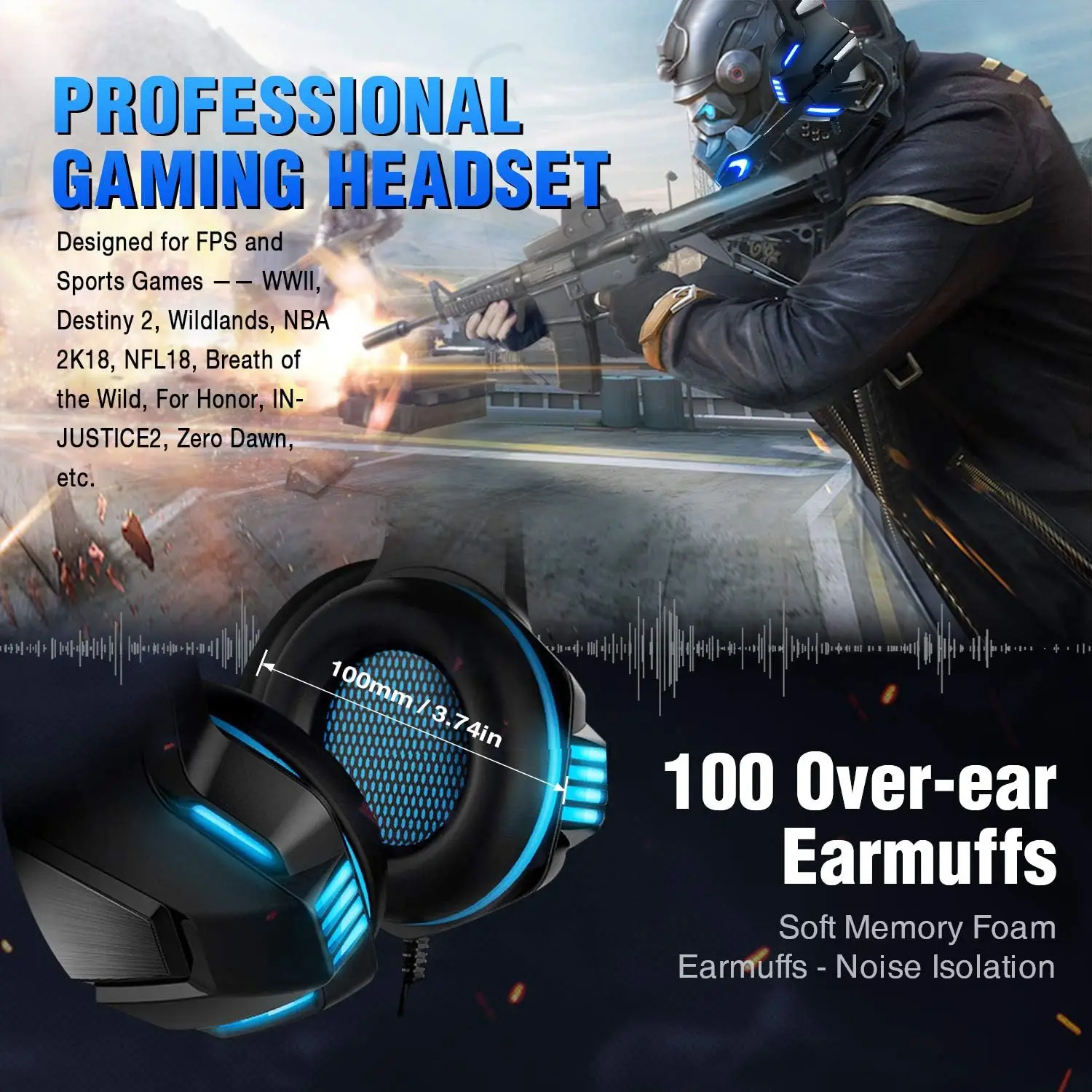 Over Ear Gaming Headset for Xbox PS4 PS5 PC Mobile Devices with Noise Cancelling LED Mic Deep Bass Memory Foam Earmuffs