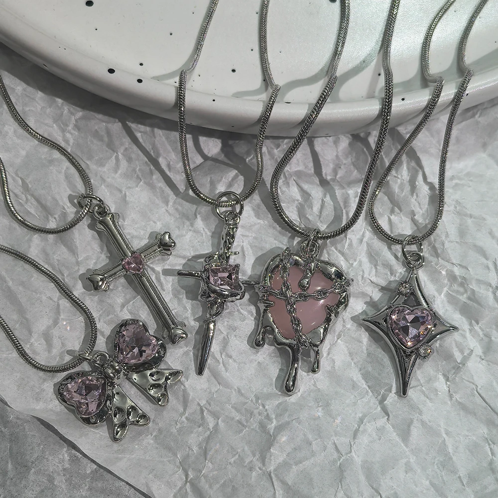 Y2K Pink Rhinestone Cross Heart Pendant Necklace Set Silver Tone Bow Charm Snake Chain Necklaces for Women E-girl Streetw