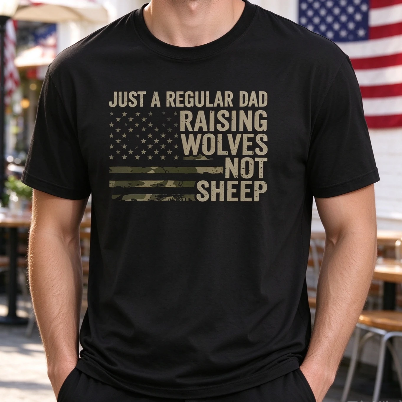 JUST A REGULAR DAD RAISING WOLVES NOT T Shirt Men American Flag Camouflage Graphic Print Patriotic Soft Modal Crewneck Tee