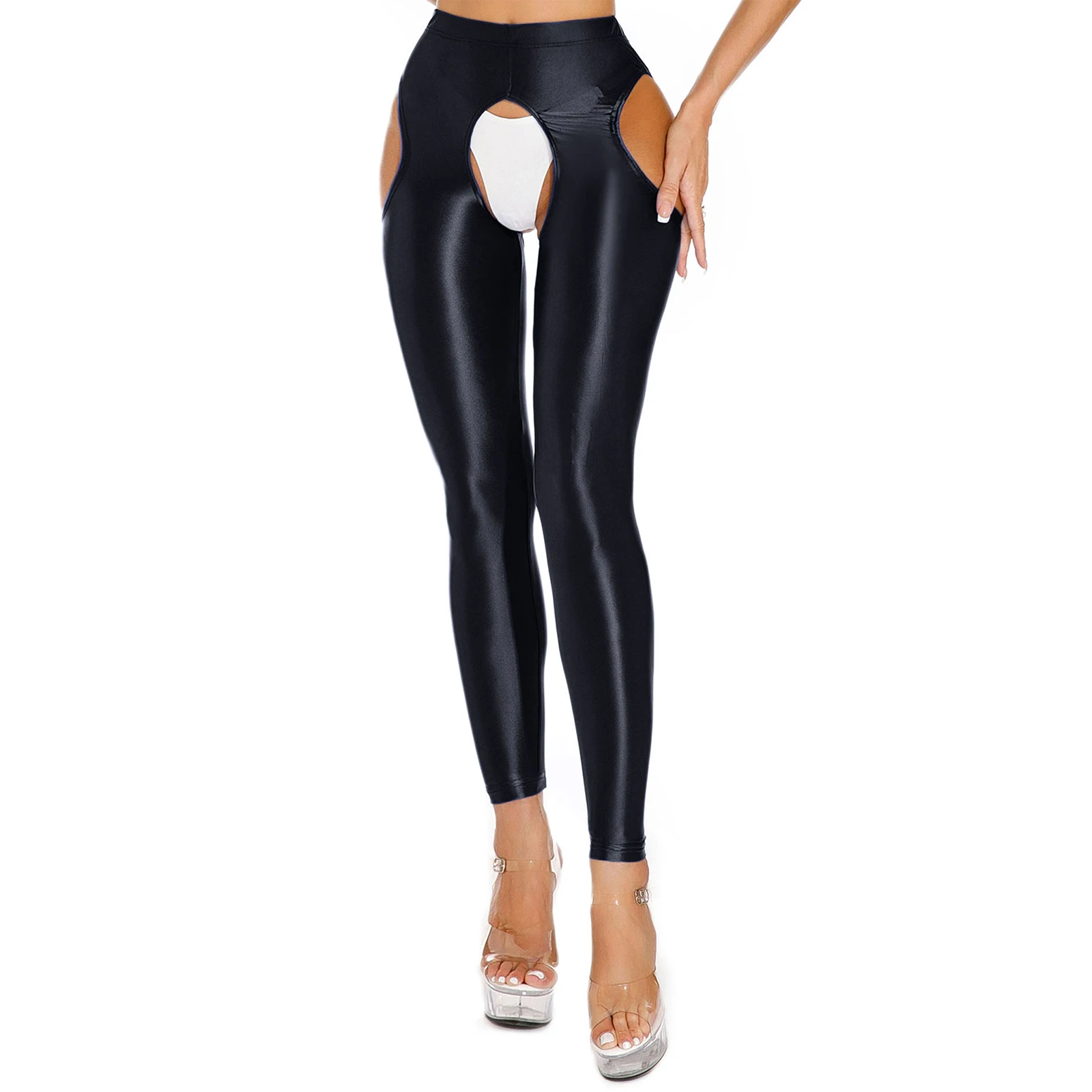 Womens Shiny Glossy High Waisted Cutout Open Crotch Leggings Hollow Out Crotchless Stretchy Tights Pencil Pants Long Trousers