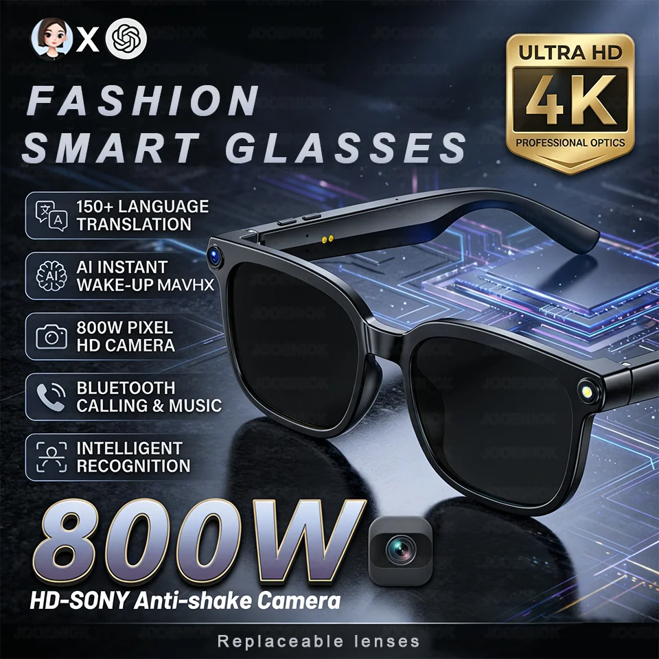 

Новые умные очки 4K HD AI 2026 года для мужчин и женщин с камерой 800 МП, Bluetooth-звонками, музыкой, Wi-Fi передачей, AI-переводом и записью голоса