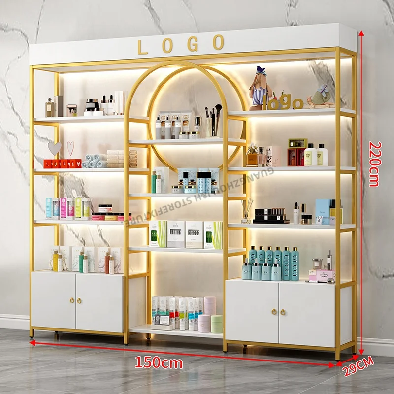 Personalizado. Prateleira de exibição cosmética personalizada para cuidados com a pele, vitrine de perfume, suporte de chão para loja de cosméticos com led l