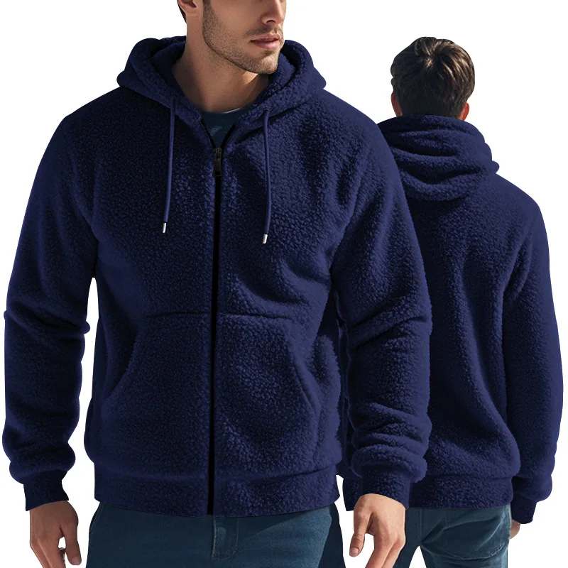 2024 new winter men's thickened warm double-sided velvet jacket zipper loose cardigan casual hooded jacket