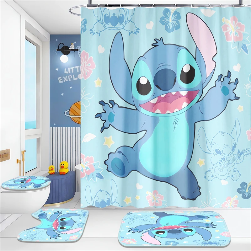 Four-piece Shower Curtain Set, Cute Stitch, Disney Style Starry Sky Background Bathroom Supplies, Waterproof and Mildew-proof