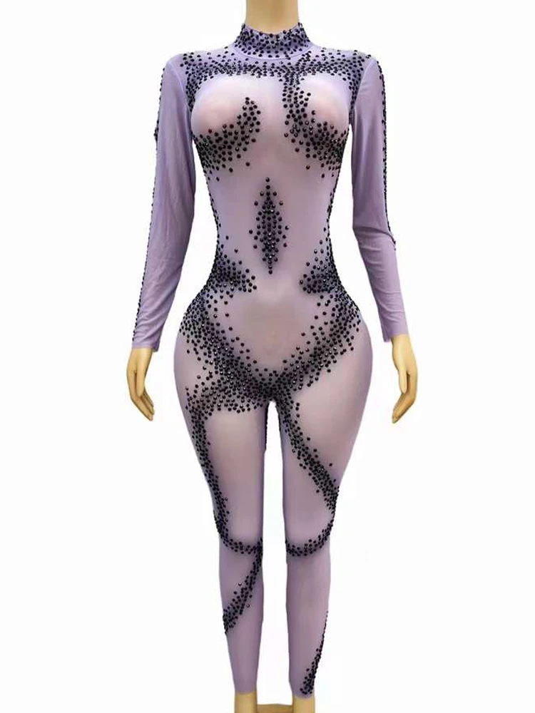 

Sexy Light Purple See Through Elastic Mesh Women Bodysuit Black Crystal Jumpsuit Photo Shoot Show Wear Carnival Stage Costume