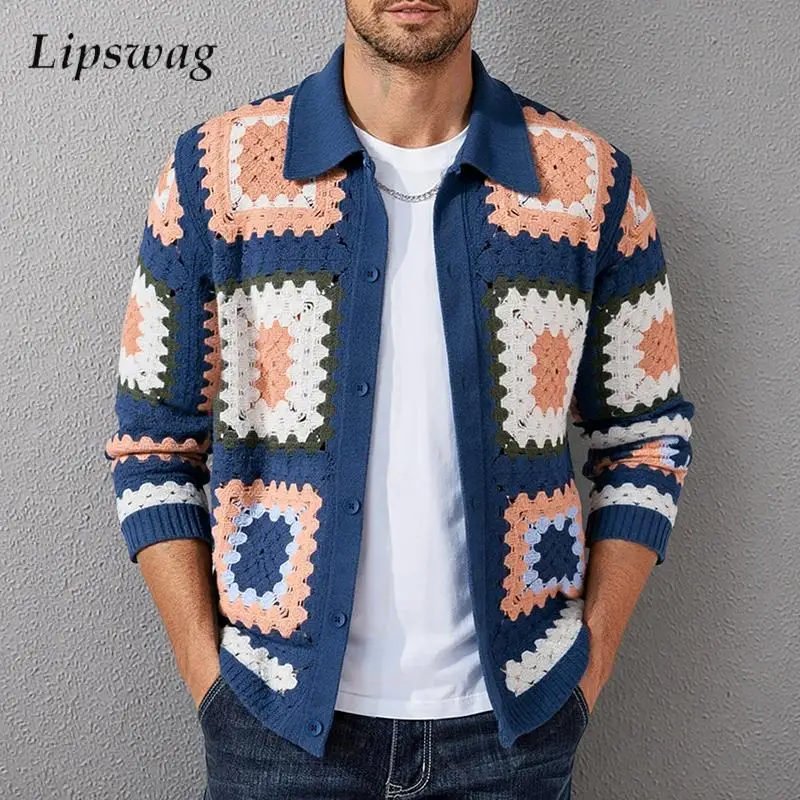 Vintage Patchwork Crochet Shirt Mens Jacket Autumn Stylish Block Contrast Color Cardigans Men Casual Long Sleeve Knitted Shirts