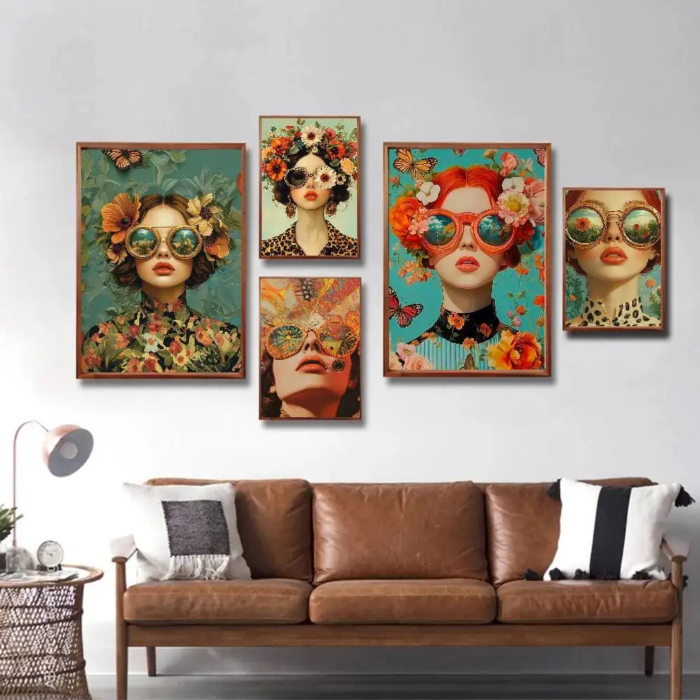 Gafas de moda psicodélicas Vintage para mujer con flores, póster, galería, impresiones autoadhesivas, decoración del hogar, calcomanías de pared Li