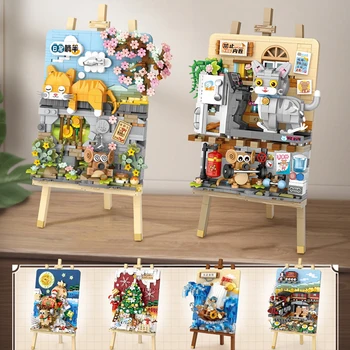 Idea artistic creative cat rat train sailboat landscape 3d painting with easel building bricks Mini block figures toy for gift