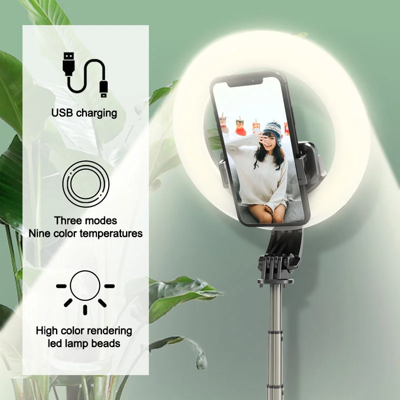 Mamen 90cm dobrável selfie vara tripé de telefone com led anel luz 1200mah bateria para streaming ao vivo maquiagem bluetooth compatível