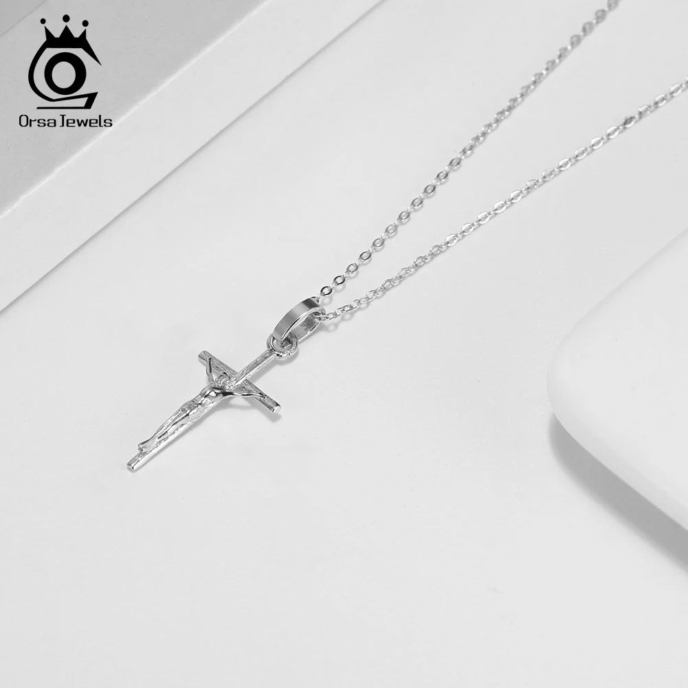 ORSA JEWELS Classic 925 Sterling Silver 25mm Cross Pendant Necklace for Women Hip Hop Necklace Christian Religious Jewelry APN39