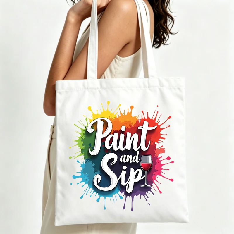 paint splatter and wine glass graphic canvas tote bag, artistic print shopping bag for casual outings and creative events