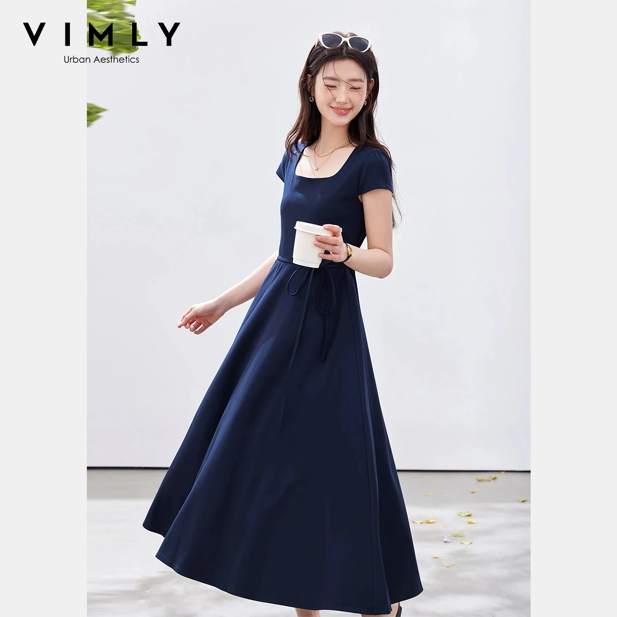 

VIMLY Women's Minimalist A-Line Dress 2026 Summer New French Elegant Square Neck Tie Waist Casual Short Sleeve Midi Dres 30702