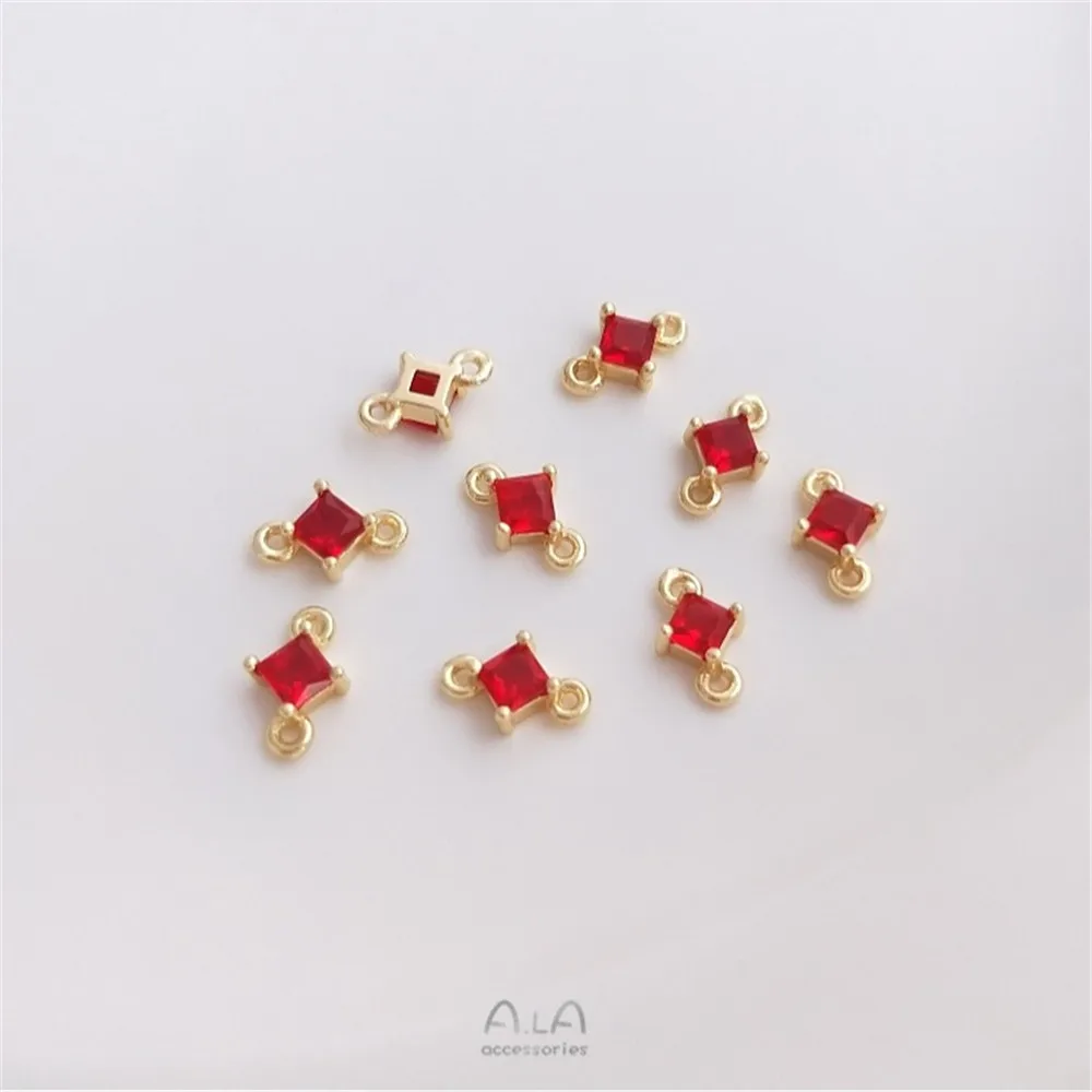 14K Goldfarbe eingelegter Edelstein, blauer Zirkon, Smaragd, Zirkon, quadratisch, doppelt hängendes Zubehör, handgefertigte DIY-Schmuckmaterialien