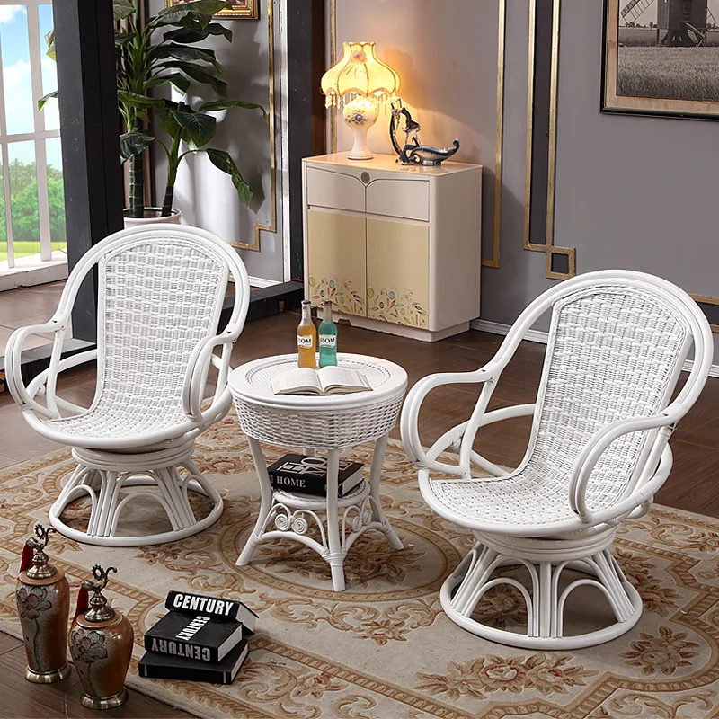 Balcony Real Rattan Table Chair Tea Table Combination White Solid Wood Rattan Tea Table Three-piece Set of Furniture